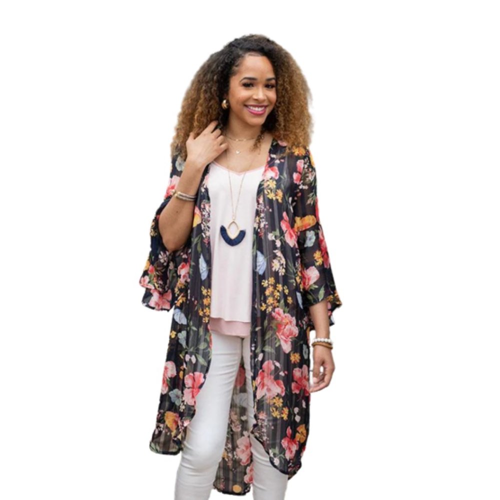 Grace & Lace Black floral High/Low Kimono Swim Coverup Resort Beach Cruise Wear